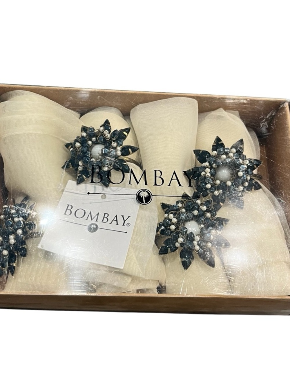 Bombay Company New Old Stock Black Pearl Napkin Rings And Chiffon Napkins Four
